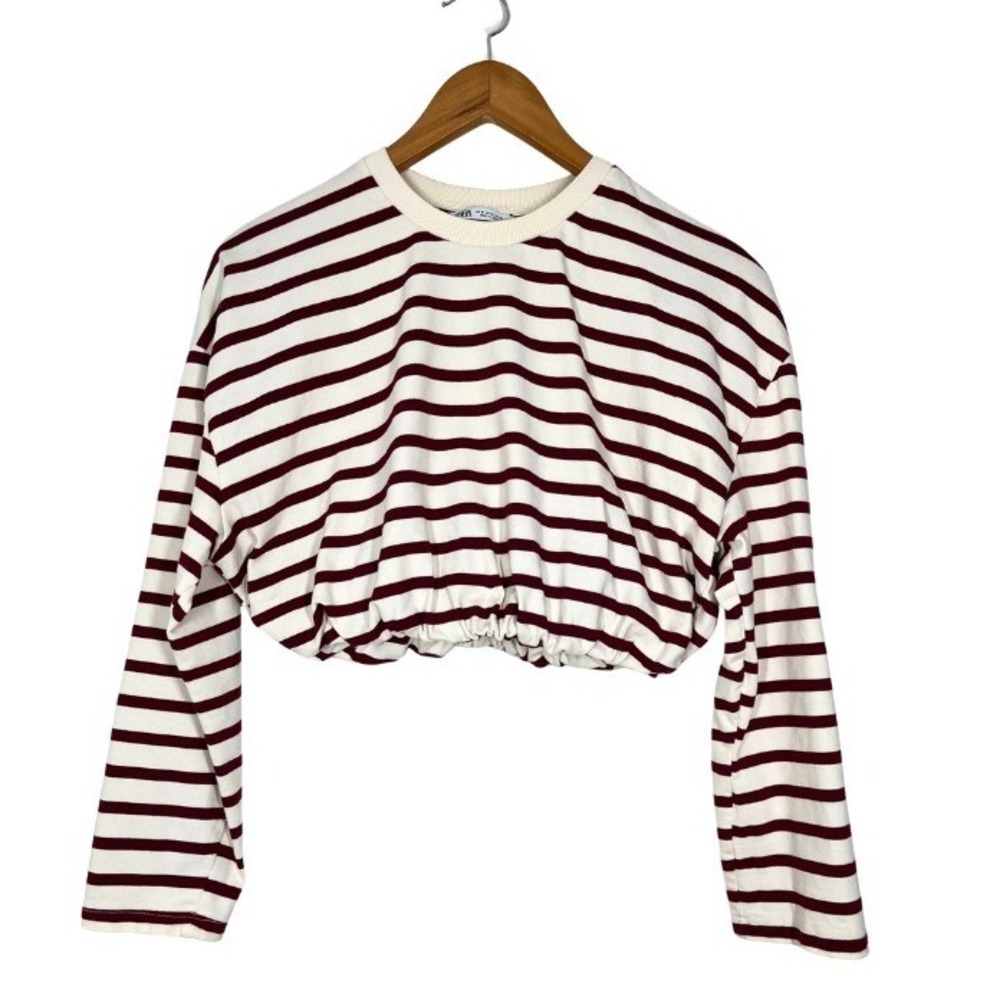 Zara Women Burgundy Cream Striped Cropped Bubble Hem Long Sleeve Top Medium